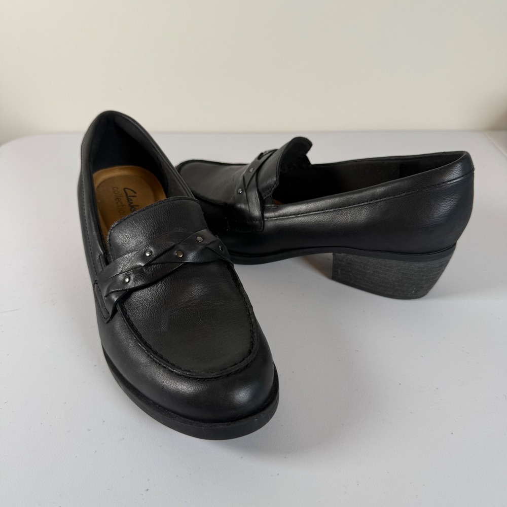 Clarks Collection Charlten Echo Leather Loafers 8 Black Studded Block Heel Shoes